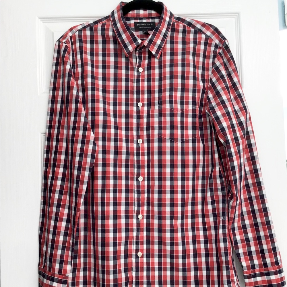 BANANA REPUBLIC Non Iron tailored slim Red Blue checked men’s Shirt 15 - 15 1/2